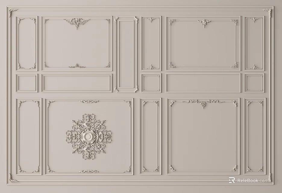 Elegant White Bed Background Wall With Ornate Carvings Central Floral Pattern And Frame Details 3d model 
