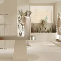 Modern Minimalist Clothing Store With White Racks Mannequins Green Plants And Bright Lighting