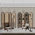 Elegant Arched Rattan Room Divider In Modern Interior With Chairs Bookshelf And Pendant Lights