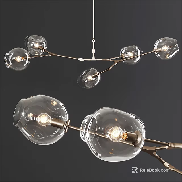 Modern Branch Like Chandelier With Transparent Glass Globes And Illuminated Bulbs 3d model 