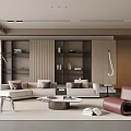 Modern Living Room Interior Design With Beige Sofa Dark Bookshelves Red Chair And Coffee Table