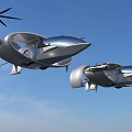 Futuristic Flying Cars With Sleek Aerodynamic Shapes Flying In Blue Sky