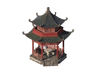 Chinese Traditional Pavilion With Multi Layered Green Tile Roof Red Pillars And Stone Table 3d model