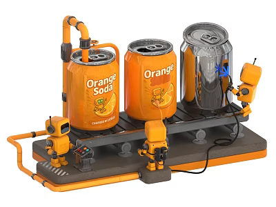 Orange Soda Cans On Automated Production Line With Robotic Arms And Machinery 3d model