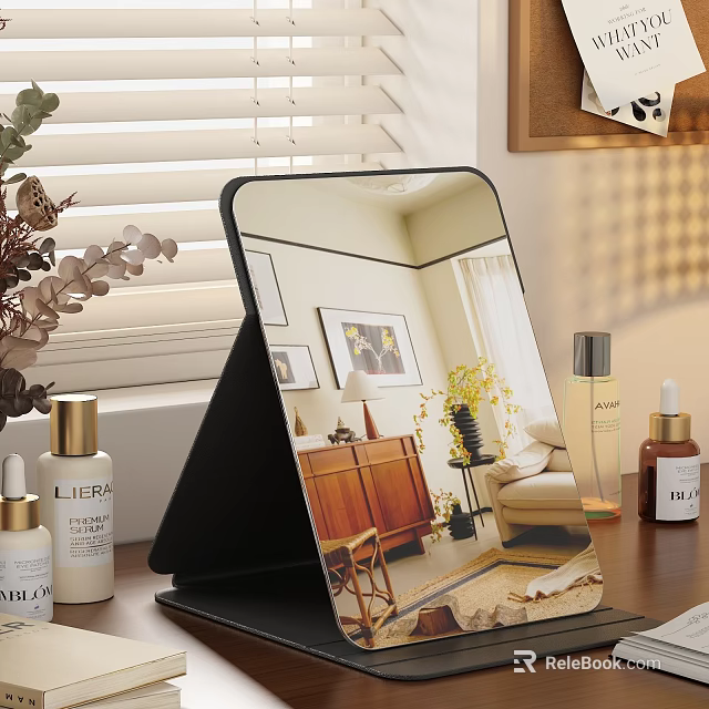 Black Stand Mirror Reflecting Room Interior With Wooden Cabinet Sofa Skincare Bottles Plant And Blinds 3d model 