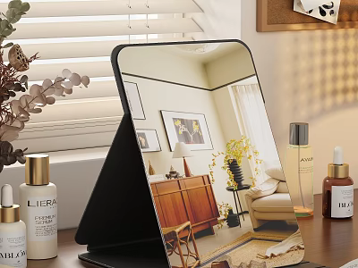 Black Stand Mirror Reflecting Room Interior With Wooden Cabinet Sofa Skincare Bottles Plant And Blinds 3d model