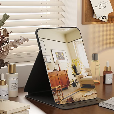 Black Stand Mirror Reflecting Room Interior With Wooden Cabinet Sofa Skincare Bottles Plant And Blinds 3d model