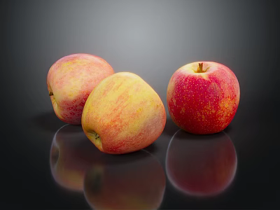 Three Fresh Apples With Red And Yellow Gradient On Black Reflective Surface 3d model