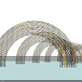 Curved Metal Pergola With String Lights And Water Reflection Against Sunset Sky