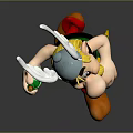 Cartoon Character in Horned Helmet Walking Holding Green Ball with Black Top and Red Pants