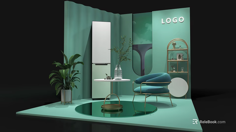 Modern Light Green Exhibition Booth With LOGO Plant Blue Chair Round Table And White Appliance 3d model 