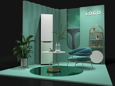 Modern Light Green Exhibition Booth With LOGO Plant Blue Chair Round Table And White Appliance 3d model