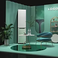 Modern Light Green Exhibition Booth With LOGO Plant Blue Chair Round Table And White Appliance