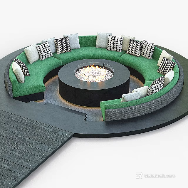 Circular Green Sectional Sofa With Central Fire Pit Checkered And Solid Pillows On Dark Platform 3d model