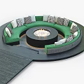 Circular Green Sectional Sofa With Central Fire Pit Checkered And Solid Pillows On Dark Platform 3d model