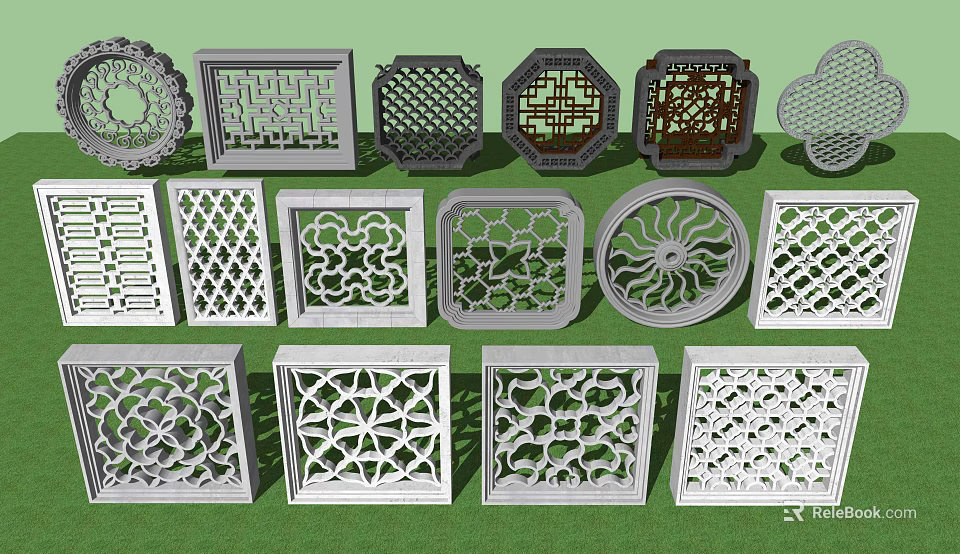 Traditional Carved Lattice Windows With Various Ornate Patterns And Shapes 3d model 