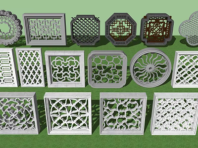 Traditional Carved Lattice Windows With Various Ornate Patterns And Shapes 3d model