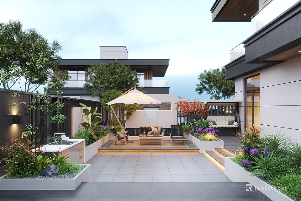 Modern Courtyard Garden With Lush Greenery Colorful Flowers Outdoor Seating Umbrella And Paved Patio 3d model 