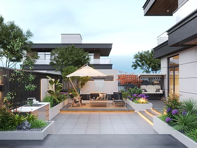 Modern Courtyard Garden With Lush Greenery Colorful Flowers Outdoor Seating Umbrella And Paved Patio 3d model