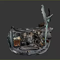 Damaged Car With Open Engine Hood And Exposed Internal Mechanical Parts