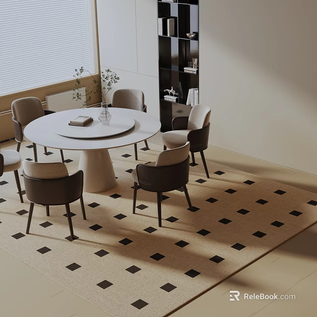 Modern Round White Dining Table Set With Chairs And Black White Square Pattern Rug 3d model