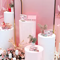 Dove Exhibition Display With Pink Background Floral Arch And Decor Items