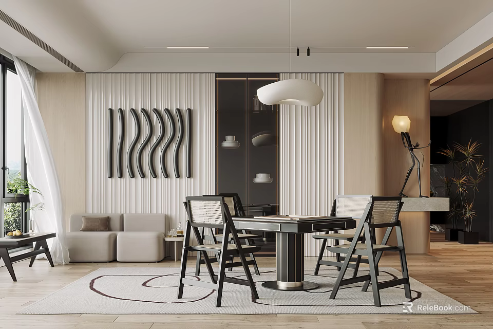 Elegant Modern Hotel Mahjong Room Interior With Wooden Table And Comfortable Chairs 3d model 