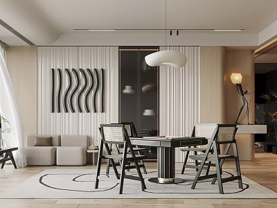 Elegant Modern Hotel Mahjong Room Interior With Wooden Table And Comfortable Chairs 3d model