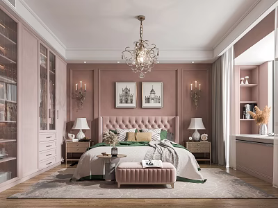 Elegant Pink Bedroom Interior With Chandelier Headboard Decorative Paintings Nightstands Table Lamps And Ottoman 3d model