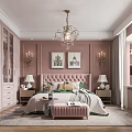 Elegant Pink Bedroom Interior With Chandelier Headboard Decorative Paintings Nightstands Table Lamps And Ottoman