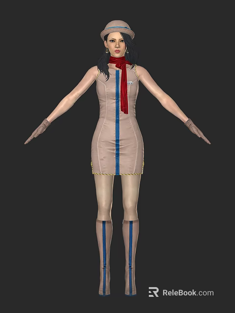 Woman In Beige Dress With Blue Stripes Red Scarf And Long Stockings 3d model 