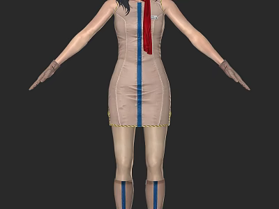 Woman In Beige Dress With Blue Stripes Red Scarf And Long Stockings 3d model