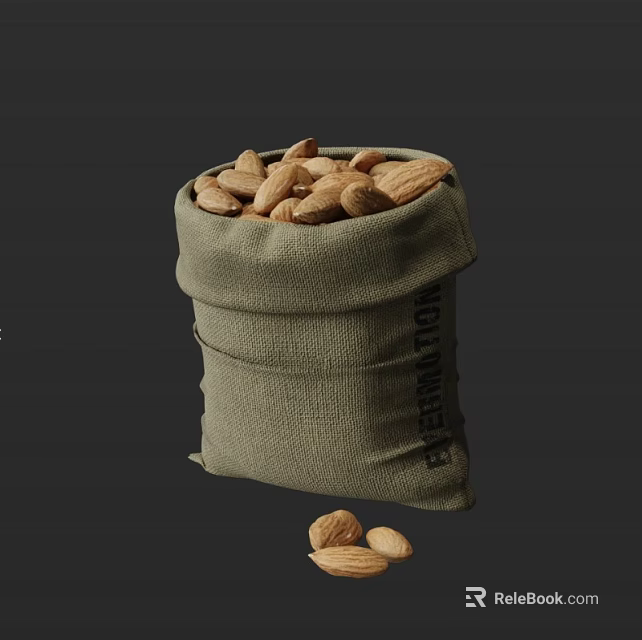 Whole Almonds in a Burlap Sack with Spilled Nuts on Dark Background 3d model 