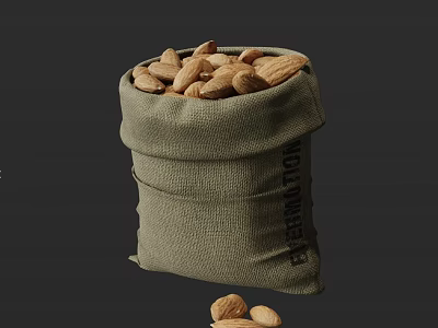 Whole Almonds in a Burlap Sack with Spilled Nuts on Dark Background 3d model