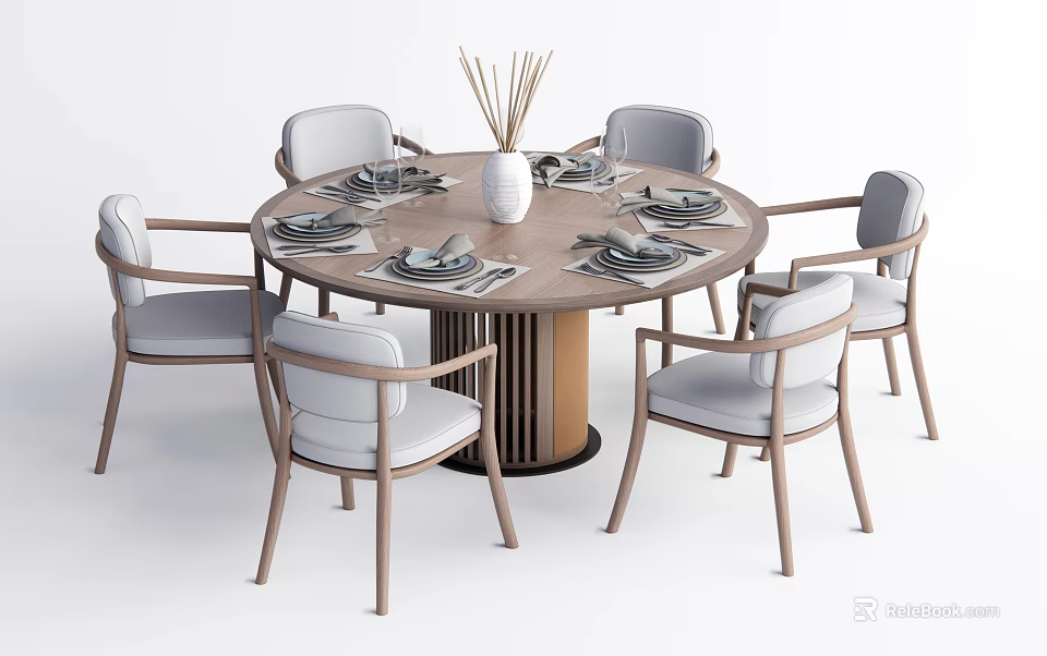 Modern Round Wooden Dining Table Set With Light Gray Chairs And Dinnerware 3d model