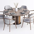 Modern Round Wooden Dining Table Set With Light Gray Chairs And Dinnerware 3d model