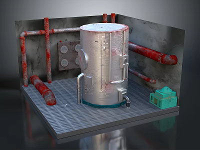 Industrial Cylindrical Tank With Red Pipes Metal Grid Floor And Green Control Box 3d model