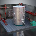 Industrial Cylindrical Tank With Red Pipes Metal Grid Floor And Green Control Box