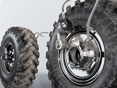 Off Road Tire Featuring Worn Tread And New Wheel Hub Mechanical Parts 3d model