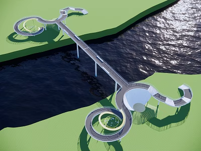 Modern Landscape Bridge With Circular Structures Over Water And Green Surroundings 3d model