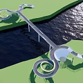 Modern Landscape Bridge With Circular Structures Over Water And Green Surroundings 3d model