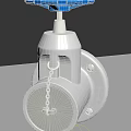 Pipe Valve With Blue Wheel And Silver Body Featuring Circular Component And Chain