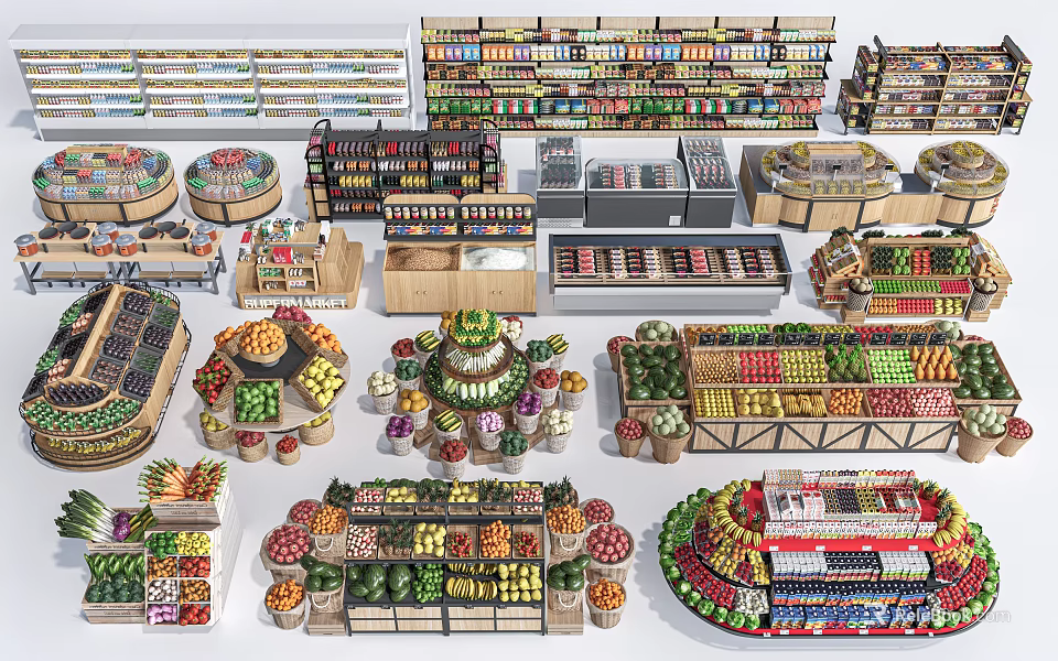 Various Supermarket Display Shelves For Organized Fruit Vegetable And Product Storage 3d model 