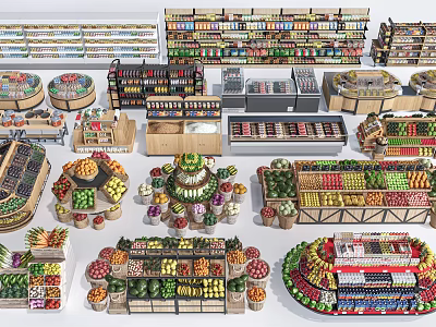 Various Supermarket Display Shelves For Organized Fruit Vegetable And Product Storage 3d model