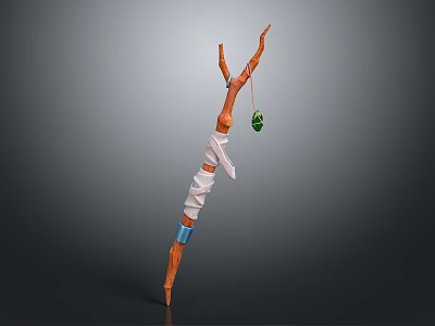 Slender Human Shaped Sculpture With Twigs White Fabric Blue Straps And Green Ball 3d model