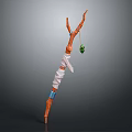 Slender Human Shaped Sculpture With Twigs White Fabric Blue Straps And Green Ball