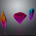 Colorful Glossy Gemstone Shapes In Orange Pink Blue On Black Background With Reflections