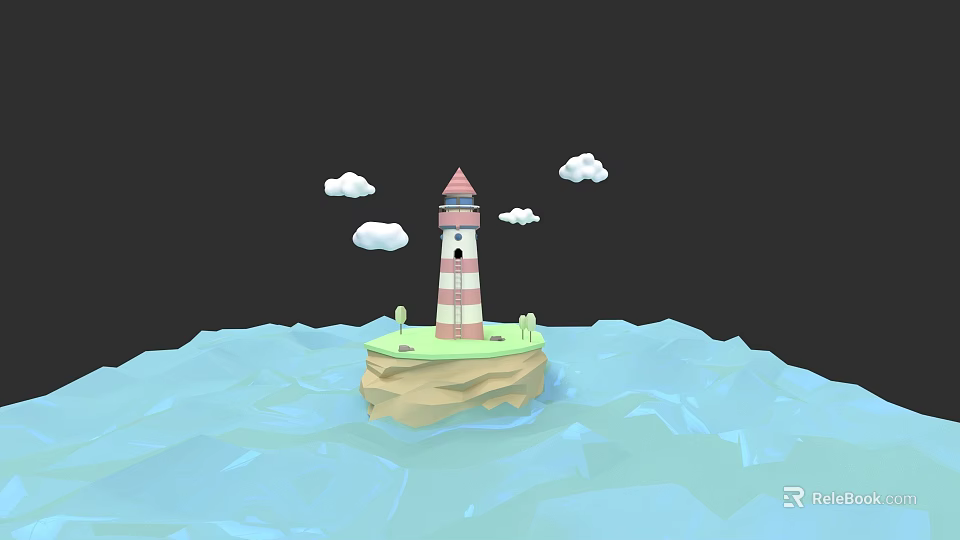 Lighthouse Standing On Small Island With Blue Ocean And White Clouds 3d model 
