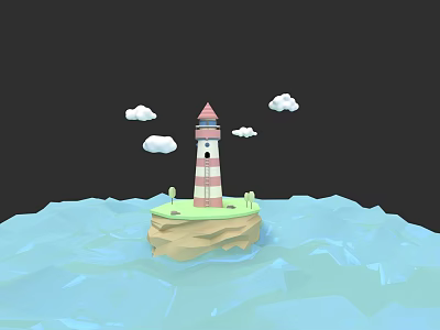 Lighthouse Standing On Small Island With Blue Ocean And White Clouds 3d model