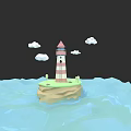 Lighthouse Standing On Small Island With Blue Ocean And White Clouds